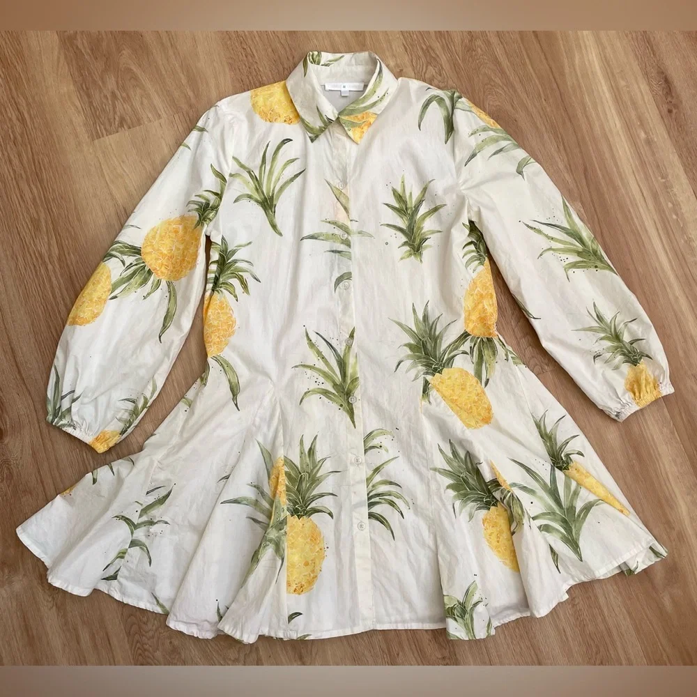 Pineapple shirt dress Hawaiian fit flare Cobalt Tawny medium button up boutique - Picture 3 of 10